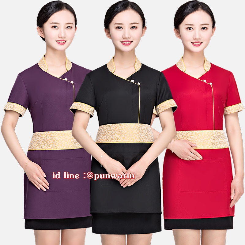 เสื้อฟอร์มพนักงานเครื่องแบบชุดฟอร์มพนักงานร้านอาหารกาแฟโรงแรม แขนสั้นผ้าฝ้ายกระดุมหน้า แดง ดำ ม่วง M-3XL F6211001 เสื้อ+ผ้ากันเปื้อน