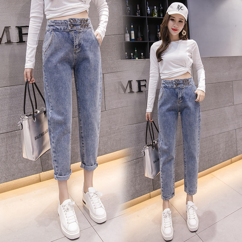 JW6202003 แฟชั่นกางเกงยีนส์เอวสูงเกาหลีย้อนยุควินเทจแนวสุดๆ ยีนส์สีอ่อน S M L XL JW6202003 ชิ้น