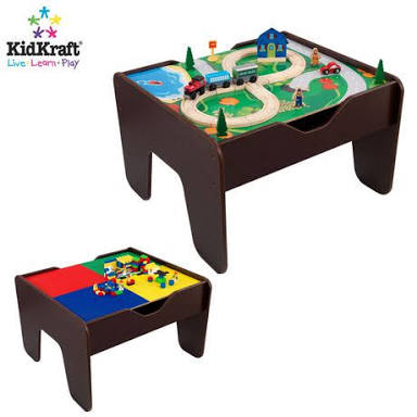 KidKraft 2-in-1 Wooden Activity Table Espresso with LEGO-Compatible Board and 30-Piece Train Set โต๊ะต่อเลโก้ และ โต๊ะรถไฟ 2in1 สีน้ำตาลเข้ม สุดคุ้ม มากับเลโก้200ชิ้นและชุดรถไฟจำลอง 30 ชิ้น ตัวโต๊ะผลิตจากไม้ สินค้านำเข้าจากอเมริกา
