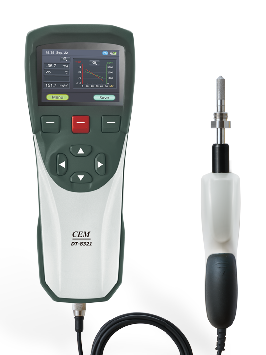CEM รุ่น DT-8321 เครื่องบันทึกข้อมูลอุณหภูมิจุดน้ำค้างแบบมือถือ,Hand-held dewpoint meter data logger,meas.range:-70～30 °C(-94～86°F)