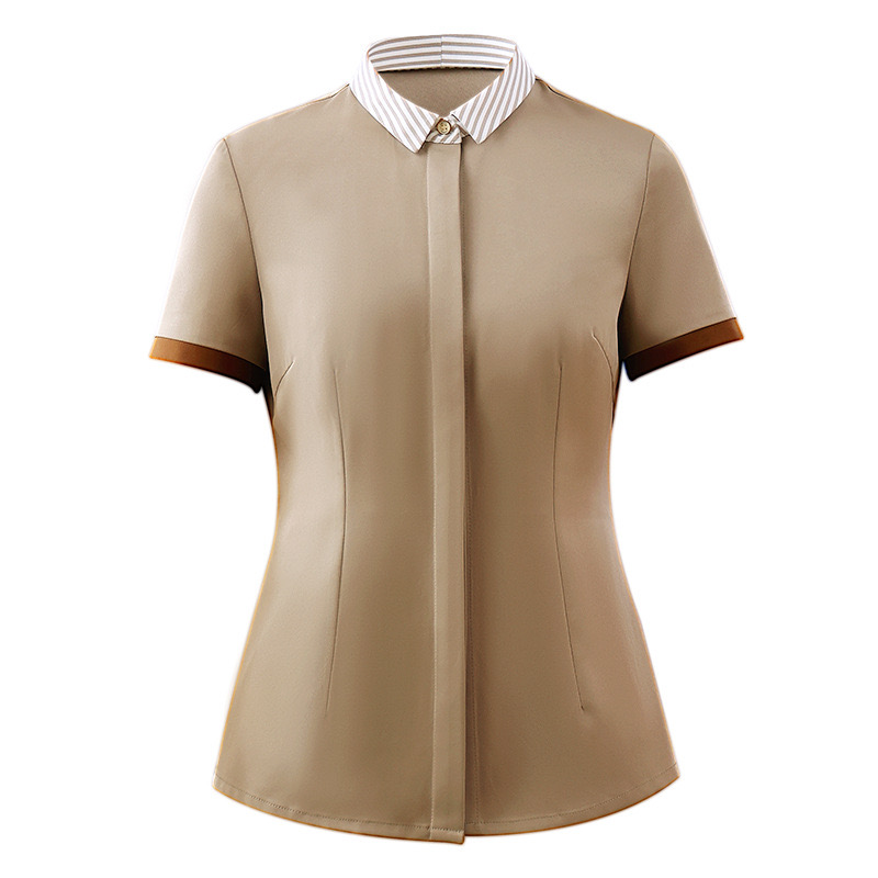 เสื้อฟอร์มพนักงานร้านอาหารกาแฟโรงแรม แขนสั้น น้ำตาล S-3XL F6809004 เสื้อ+เปื้อน* ขั้นต่ำ 2 ตัว