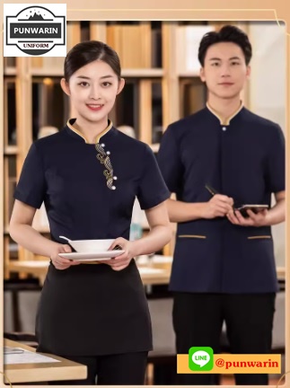 ชุดพนักงานร้านอาหารร้านกาแฟโรงแรมรีสอร์ต แขนสั้น กรมท่าเข้ม แดง ครีม L-6XL FC6701002 เสื้อ+เปื้อน **ไม่มีขั้นต่ำ