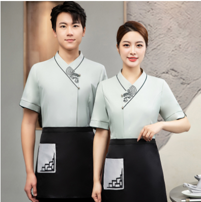 เสื้อฟอร์มพนักงานร้านอาหารกาแฟโรงแรม แขนสั้น แดง เขียวอ่อน เขียวอมฟ้า น้ำเงิน L-5XL F6706009 เสื้อ ** ขั้นต่ำ 2 ตัว