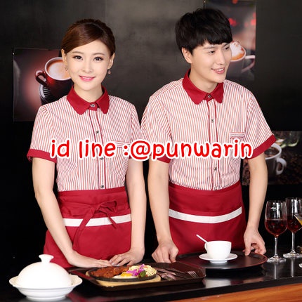 เสื้อพนักงานต้อนรับ เสื้อพนักงานเสริฟ เสื้อพนักงานโรงแรม เสื้อพนักงานร้านอาหาร เสื้อพนักงานร้านกาแฟ เสื้อพนักงานซุปเปอร์มาร์เก็ต แดง เขียว ม่วง M-3XL F6101012 เสื้อ+กันเปื้อน