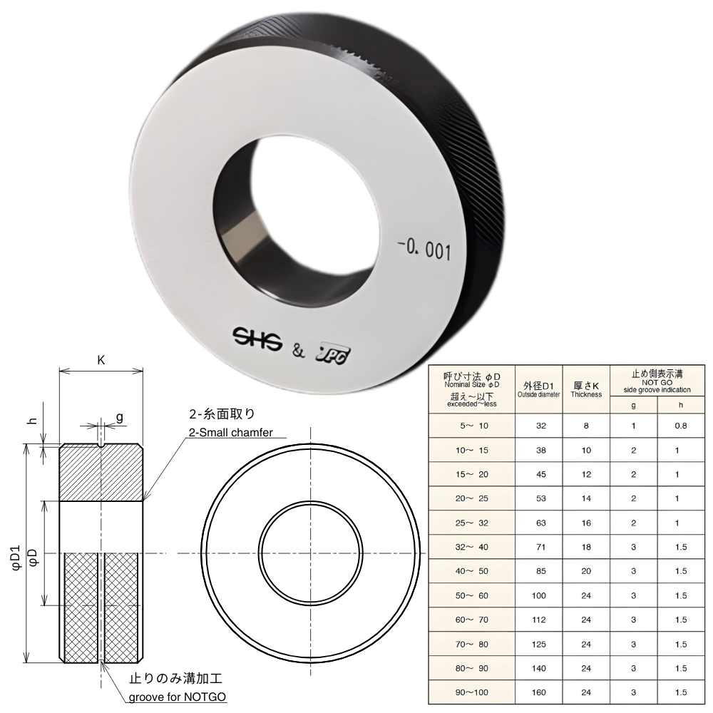 Sokuhansha(SHS) รหัส D 46.8-0015 ริงเกจวัดความโตนอกมาตรฐานความแม่นยำสูง, Steel master ring gauge,58～62±2hrc, thickness: 20mm ,outside diameter:φ 85 mm, φ 46.8 ±0.0015