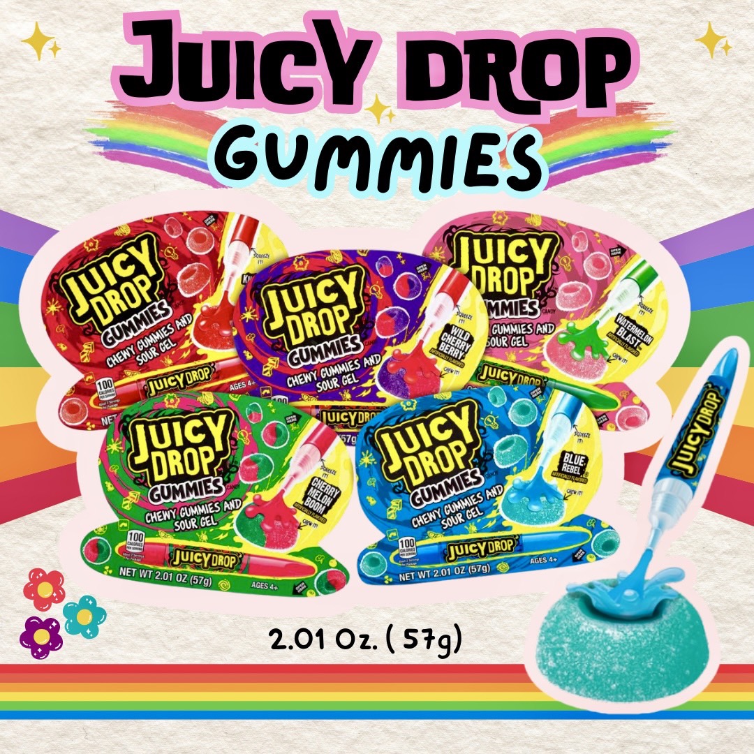 New กัมมี่ยอดฮิต นำเข้า🇺🇸 Juicy Drop Gummies - เยลลี่กัมมี่รสหวานและเปรี้ยวพร้อมปากกาเจล - 2.01 ออนซ์ ราคา 170 บาท/ซอง