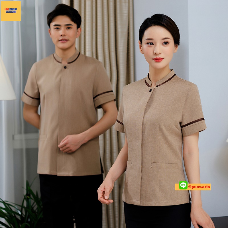 เสื้อพนักงานโรงแรม เสื้อแม่บ้าน เสื้อพ่อบ้าน เบลล์ฟอนต์ สีภาพ L-7XL D6208001 เสื้อตัวเดียว