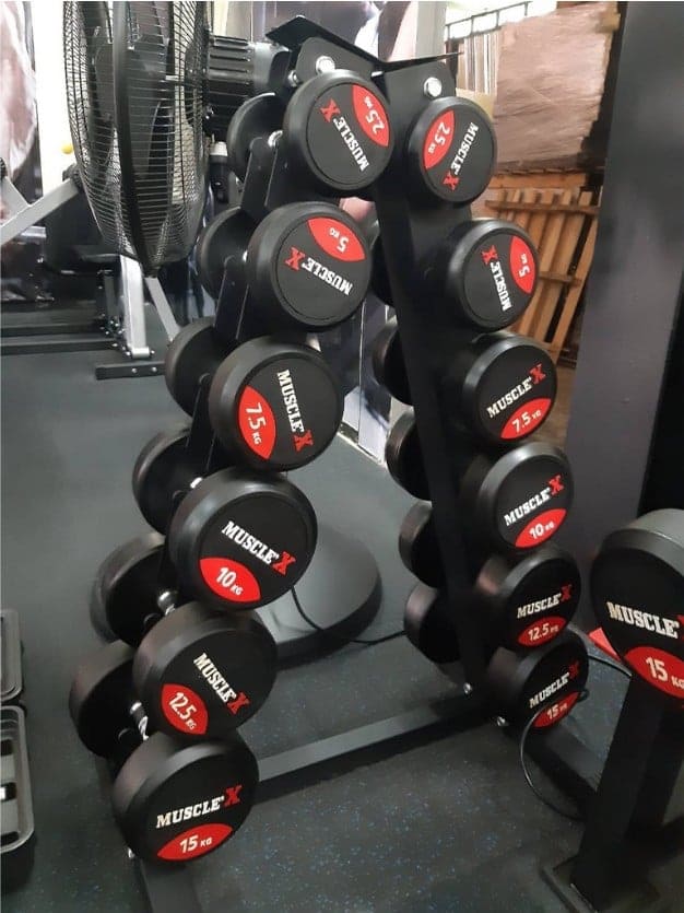 ดัมเบลเหล็กหุ้มยางพร้อมชั้นวางMuscleX 6 คู่ ทรงA