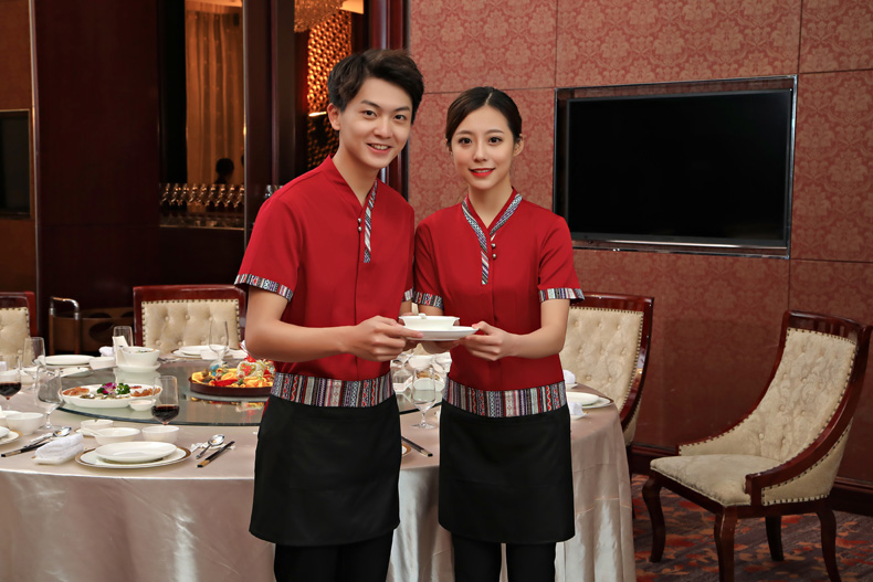เครื่องแบบชุดฟอร์มพนักงานร้านอาหารกาแฟโรงแรม แขนสั้นผ้าฝ้ายผสมโพลีเอสเตอร์ สีภาพ L-3XL F6207004 เสื้อ+ผ้ากันเปื้อน