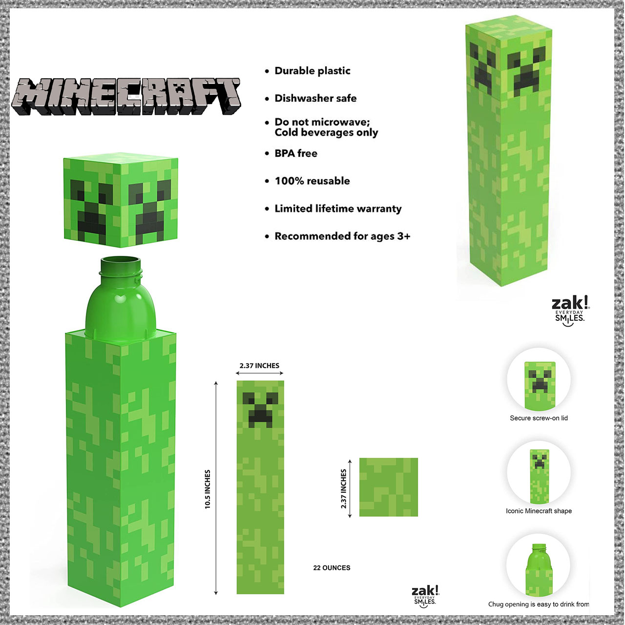 ขวดน้ำทรงสี่เหลี่ยม Zak Designs Creeper Minecraft (22oz, พลาสติก, Non BPA) ราคา 1190 - บาท