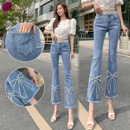 กางเกงยีนส์ ดีไซส์เก๋ ขาม้าย้อนยุคสีฟ้าแฟชั่นสาวเกาหลี สีภาพ S-2XL JW6403004 ตัว