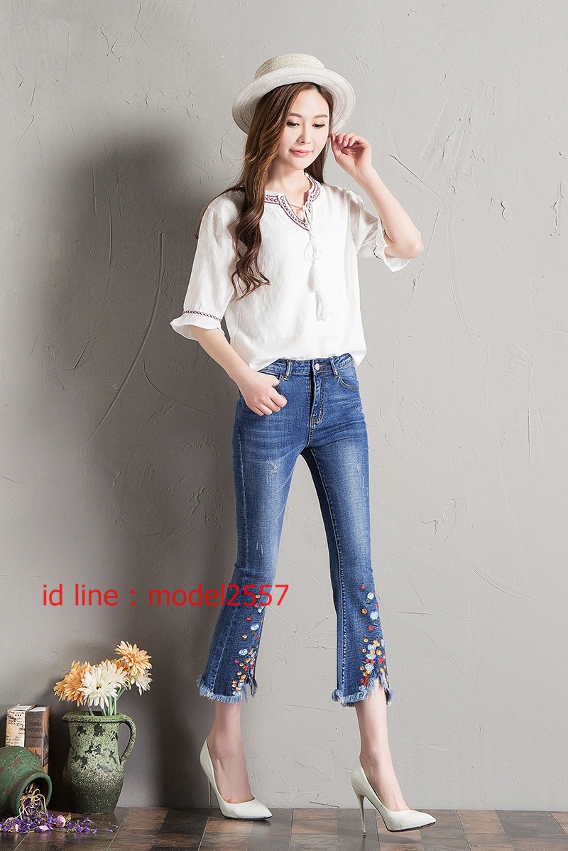 JW6105008 กางเกงยีนส์เกาหลีเอวสูงขากระดิ่ง ขาม้า ขาดเซอร์ฮิตมาก ฟ้า 26-32 JW6105008 ชิ้น