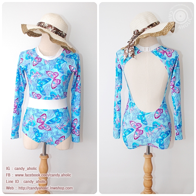 [Free size] ชุดว่ายน้ำวันพีชแขนยาวเว้าหลัง รุ่น Sofia สีฟ้าลายผีเสื้อ
