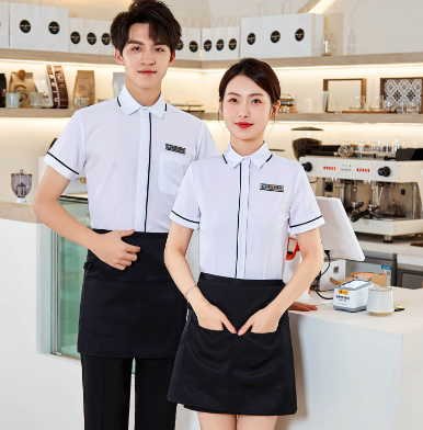 เสื้อฟอร์มพนักงานร้านอาหารกาแฟโรงแรม แขนสั้น เทา ขาว L-5XL F6705016 เสื้อ+กั๊ก ** ขั้นต่ำ 2 ตัว