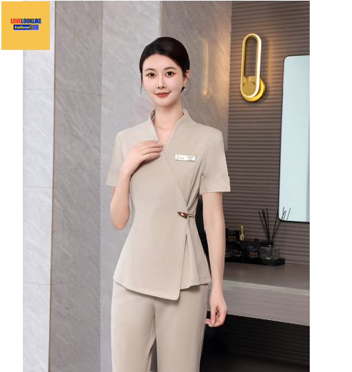ชุดพนักงานนวดสปา ชุดพนักงานเสริมสวย ชุดทำงาน ชุดสูท แขนยาว เบจ S-4XL S6804001 ชุด