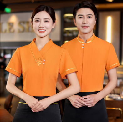 เสื้อฟอร์มพนักงานร้านอาหารกาแฟโรงแรม แขนสั้น แดง น้ำเงิน เขียว L-4XL F6705009 เสื้อ+กันเปื้อน ** ขั้นต่ำ 2 ตัว