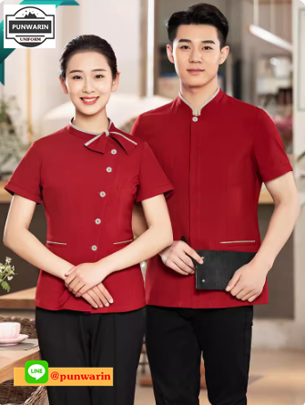 ชุดพนักงานร้านอาหารร้านกาแฟโรงแรมรีสอร์ต แขนสั้น แดง ดำ L-4XL FC6702001 เสื้อ **ไม่มีขั้นต่ำ