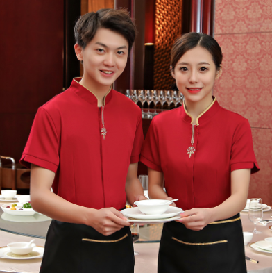 เสื้อฟอร์มพนักงานร้านอาหารกาแฟโรงแรม แขนสั้น แดง ดำ L-4XL F6705011 เสื้อ+กันเปื้อน ** ขั้นต่ำ 2 ตัว