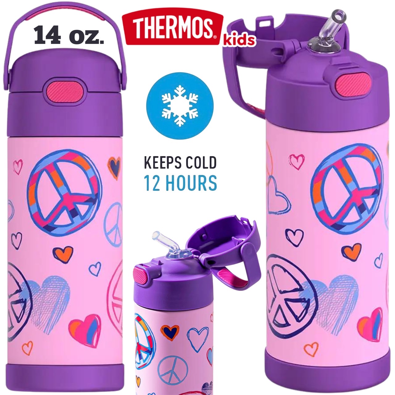 ของแท้🇺🇸ขนาดใหม่ 14oz [414ml ] กระติกน้ำ Thermos Funtainer Bottle with Straw Peace เก็บร้อนเย็นได้ถึง 12 ชั่วโมง ราคา 1,090 บาท