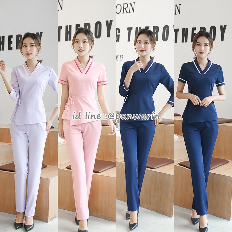 ชุดช่างเสริมสวยเครื่องสำอางค์ พนักงานนวดสปาชุดแต่งกายของผู้หญิง ชุดพนักงานคลีนิคเสริมความงาม สีภาพ S- 4XL T6212003 ชุด