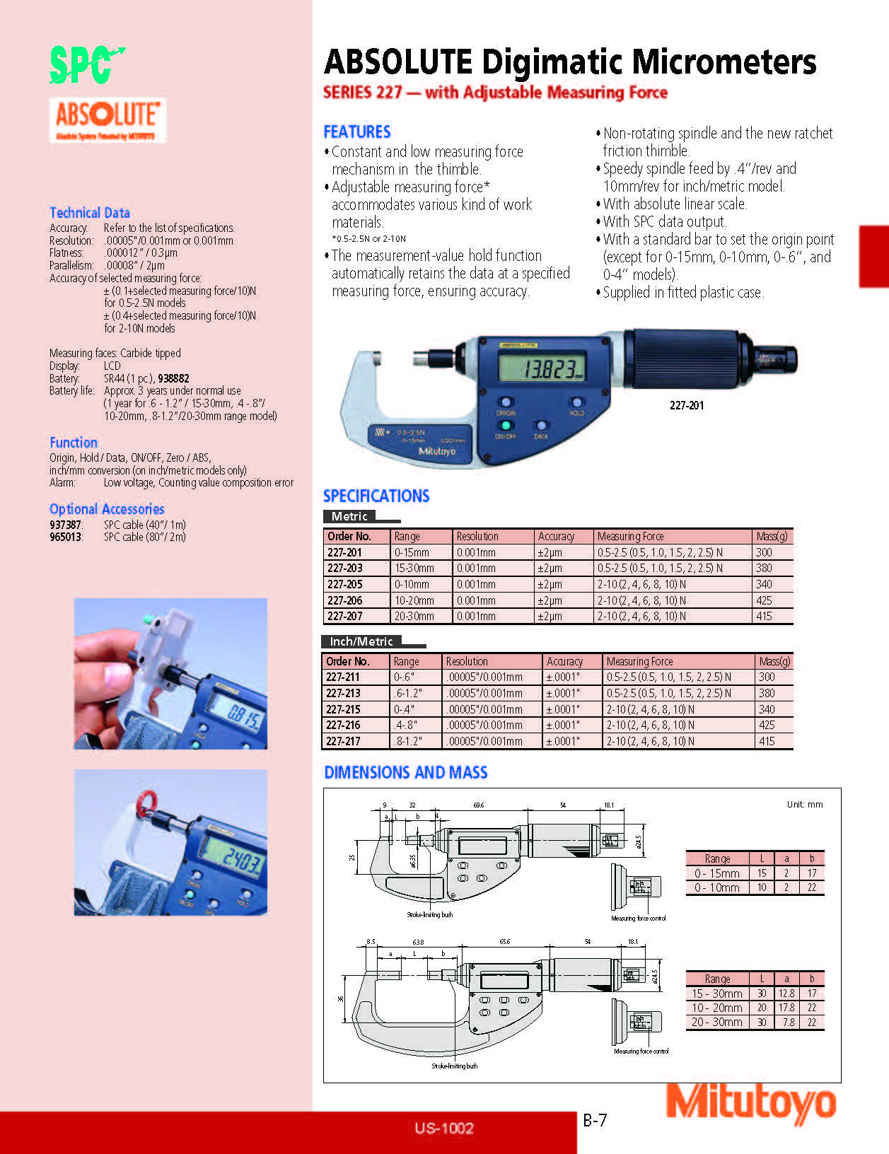 ABSOLUTE Digimatic Micrometers SERIES 227 — with Adjustable Measuring Force