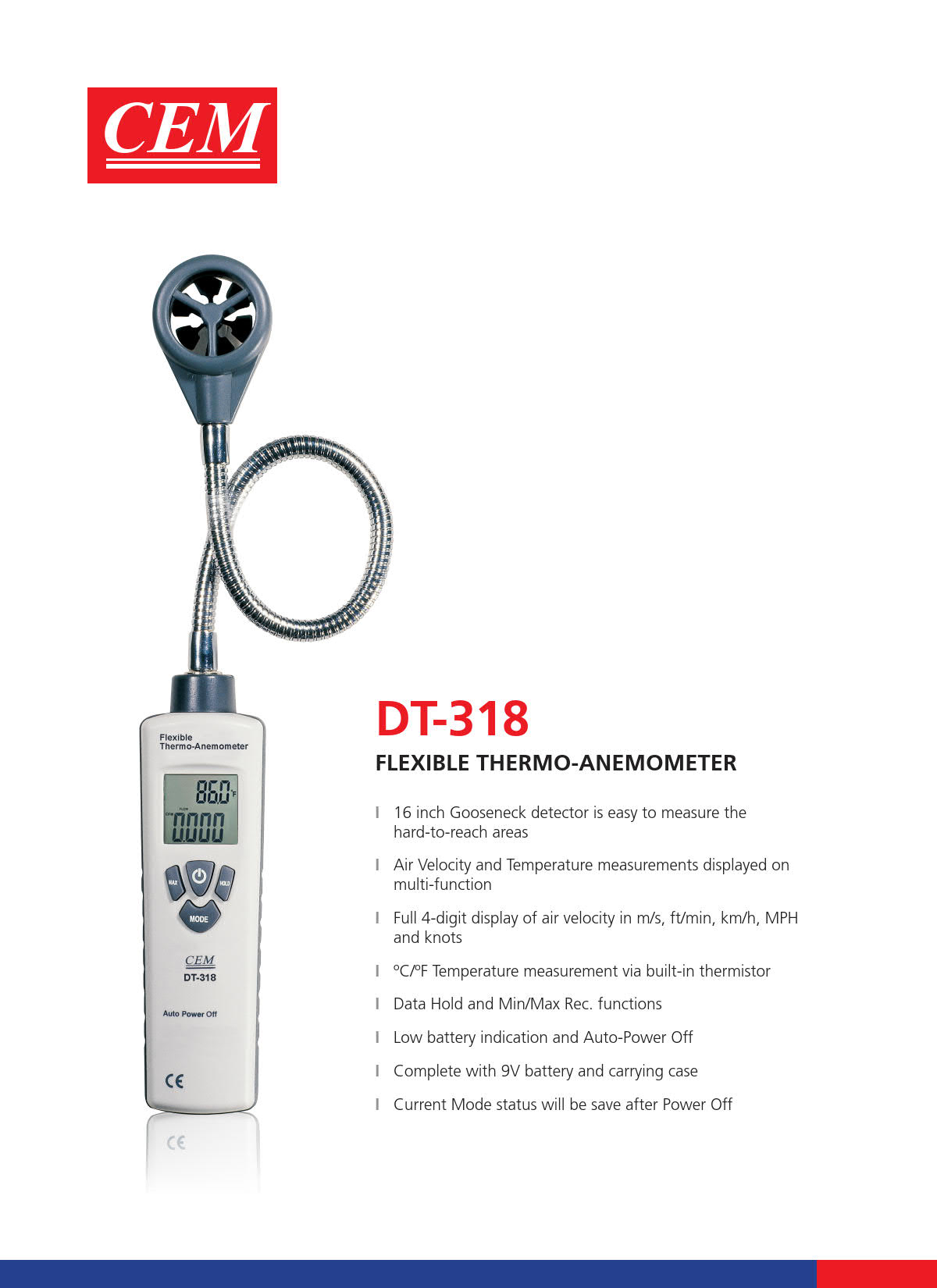 CEM รุ่นDT-318เครื่องวัดความเร็วลมแบบดิจิตัลDigital Anemometer Measuring range:0.60~30.00m/sec