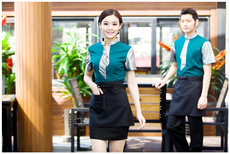 F5906002 เครื่องแบบชุดฟอร์มพนักงานร้านอาหารกาแฟโรงแรม แขนสั้นผ้าฝ้ายกระดุมหน้า (พรีออเดอร์) รอสินค้า 3 อาทิตย์หลังโอน F5906002 ตัว