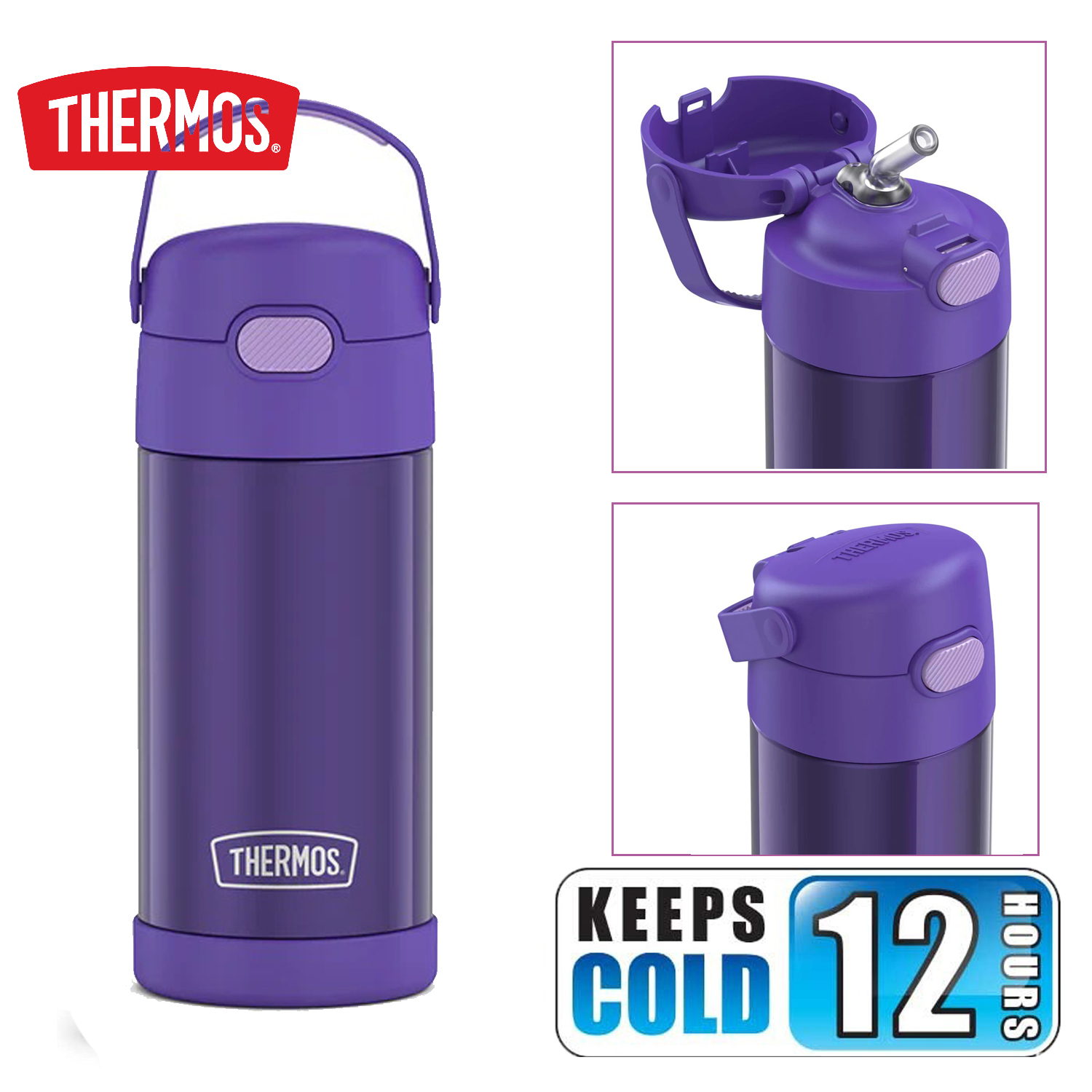 กระติกดูดน้ำแตนเลสหุ้มฉนวนสุญญากาศยี่ห้อ Thermos ของแท้ขนาด 12 ออนซ์ ลาย PURPLE ราคา 990 - บาท