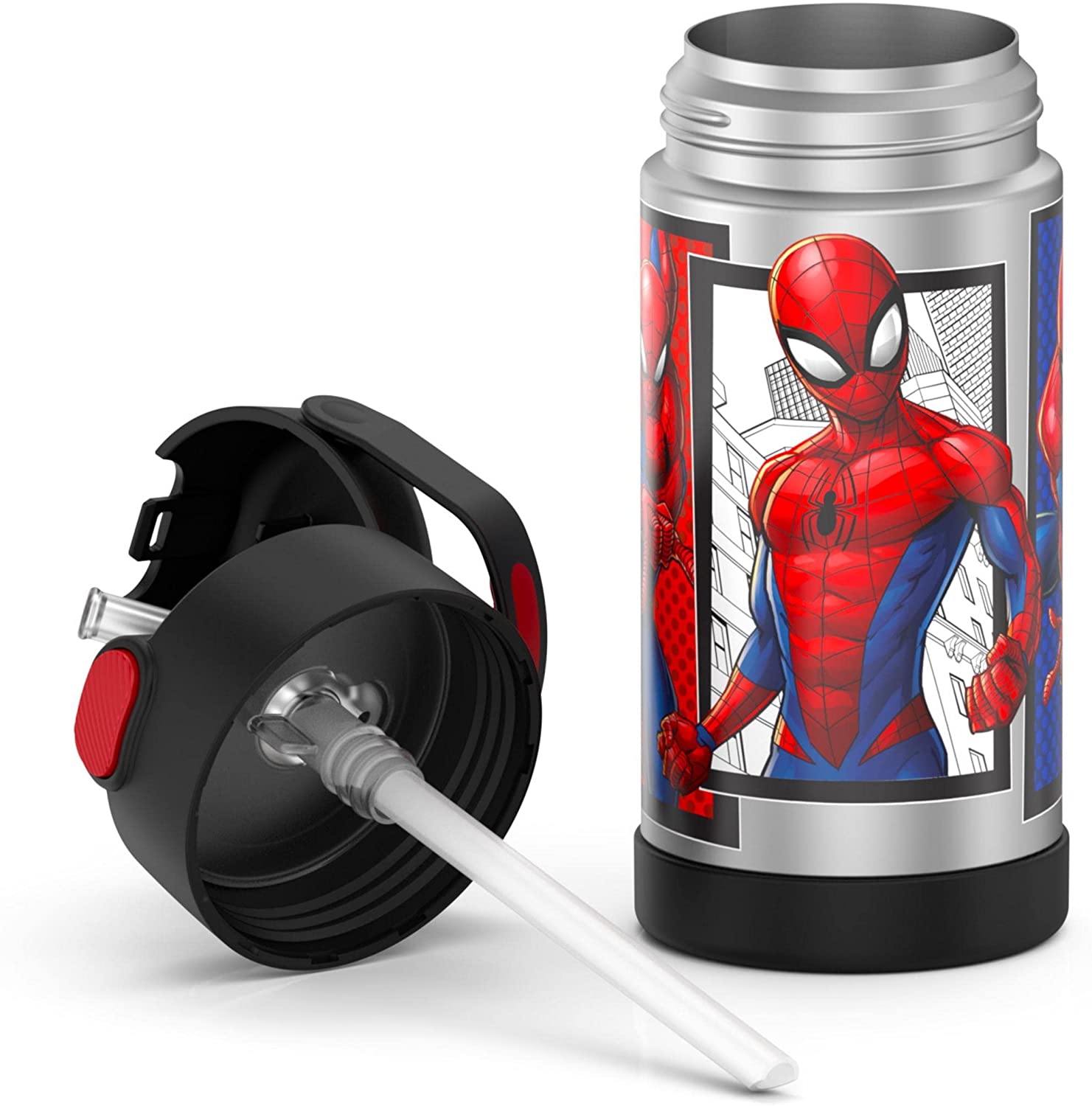 กระติกดูดน้ำแตนเลสหุ้มฉนวนสุญญากาศยี่ห้อ Thermos ของแท้ขนาด 12 ออนซ์ ลาย Spider-Man 2 ราคา 990 - บาท