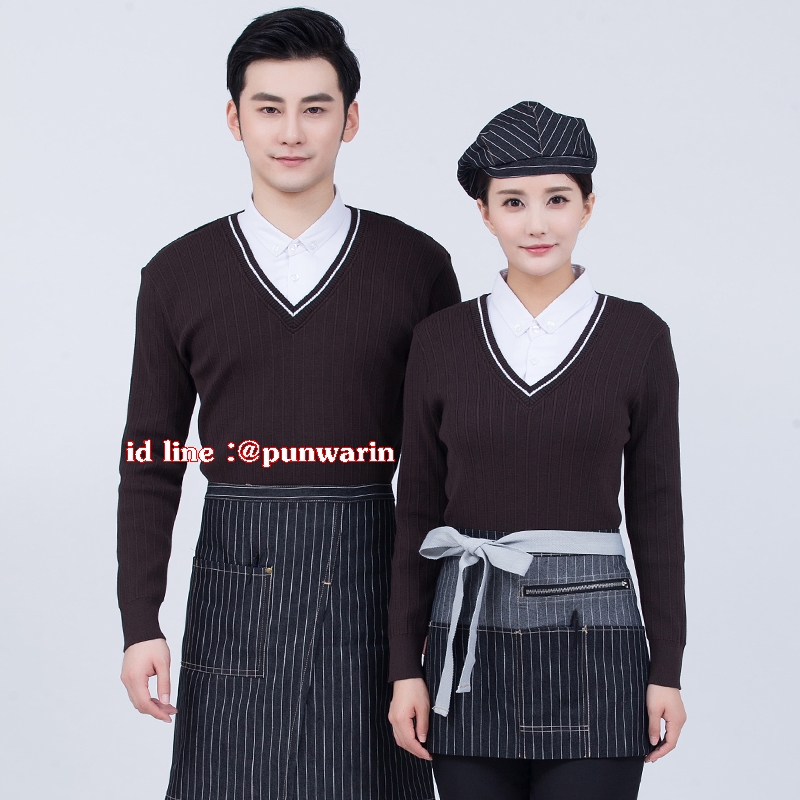 เสื้อพนักงานคาแฟ่ ร้านน้ำชา กาแฟ เสื้อพนักงานเสริฟแขนยาว แดง ดำ น้ำตาล กรมท่า ส้ม M-4XL F6211004 เสื้อ+ผ้ากันเปื้อน