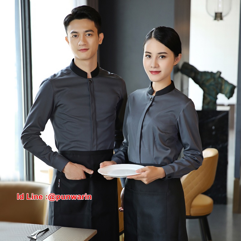 เสื้อพนักงานต้อนรับพนักงานเสริฟเสื้อพนักงานโรงแรมนรีสอร์ทเสื้อเชิ้ตลายทางแขนยาว สีเทา S-4XL F6307001 เสื้อ+เปื้อน