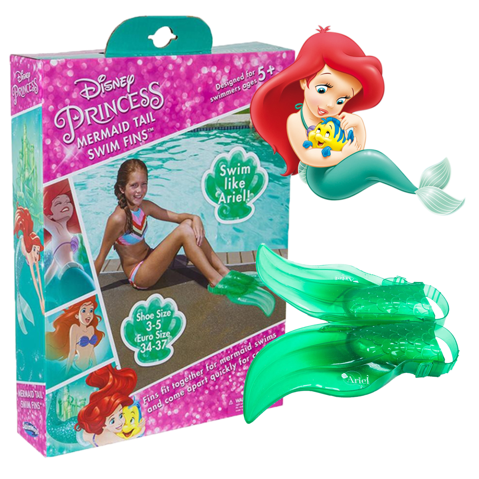 Disney Princess 'Ariel' Mermaid Tail Swim Fins for Children Shoe Size 3-5