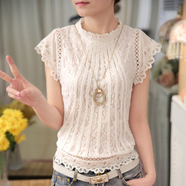 RP5911052 เสื้อลูกไม้เกาหลีสวยหวาน คอสูงแขนสั้นฤดูร้อน(พรีออเดอร์) RP5911052 ตัว