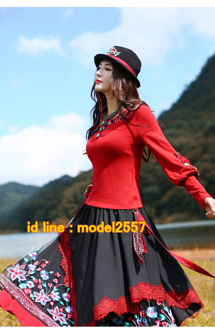 UM6102005 เสื้อยืดแขนยาวสีแดงโมฮีเมียน เย็บปักถักร้อยชาติพันธุ์ UM6102005 ตัว