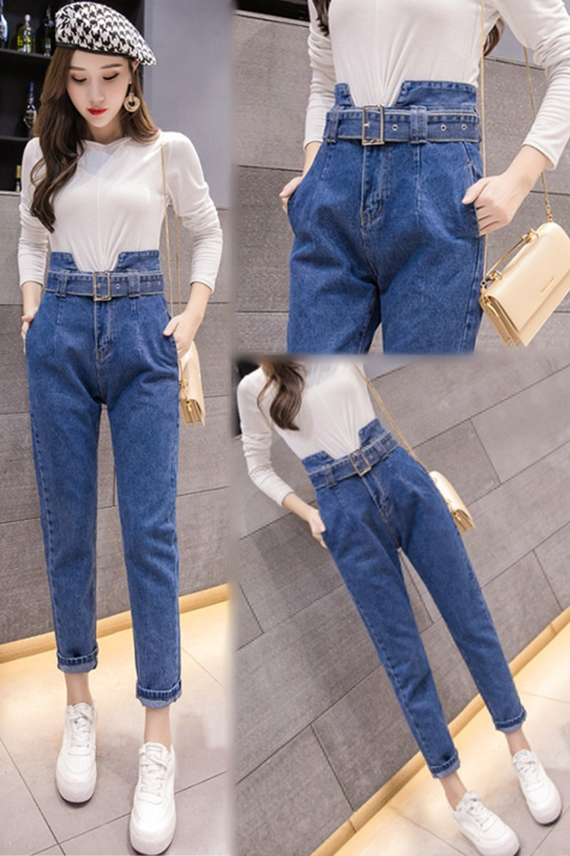 JW6202004 แฟชั่นกางเกงยีนส์เอวสูงเกาหลีย้อนยุควินเทจแนวสุดๆ ฟ้า น้ำเงิน S M L XL JW6202004 ตัว
