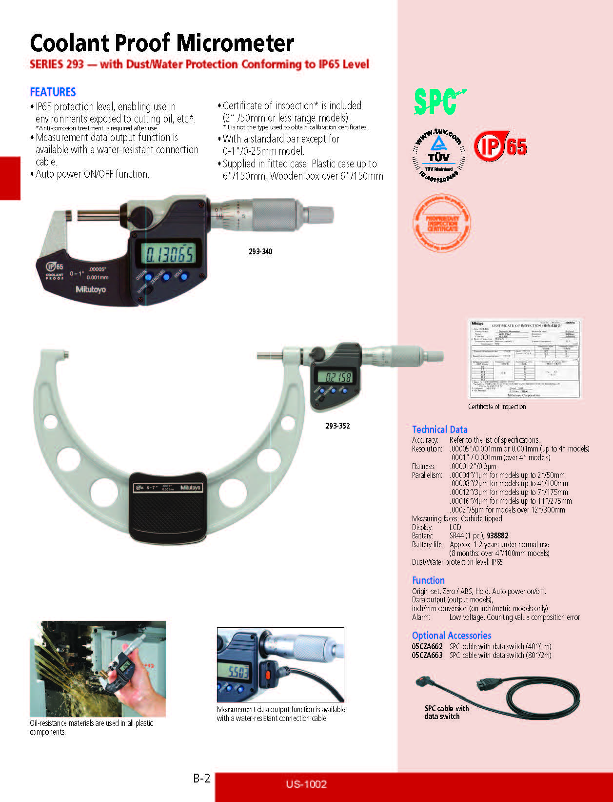 Coolant Proof Micrometer SERIES 293 — with Dust/Water Protection Conforming to IP65 Level