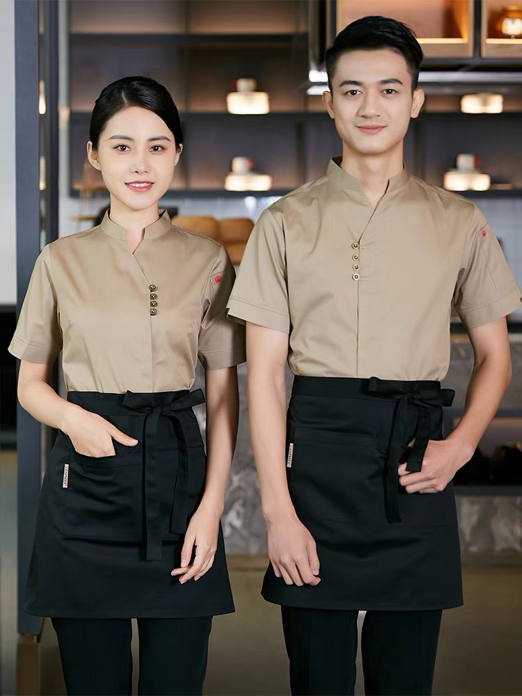 เสื้อฟอร์มพนักงานร้านอาหารกาแฟโรงแรม แขนสั้น ดำ แดง เบจ S-4XL F6809001 เสื้อ+เปื้อน* ขั้นต่ำ 2 ตัว