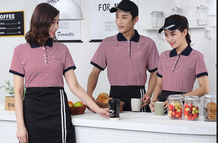 F6008004 เครื่องแบบชุดฟอร์มพนักงานร้านอาหารกาแฟโรงแรม แขนสั้นคอโปโล ภาพ M L XL XXL F6008004 ตัว