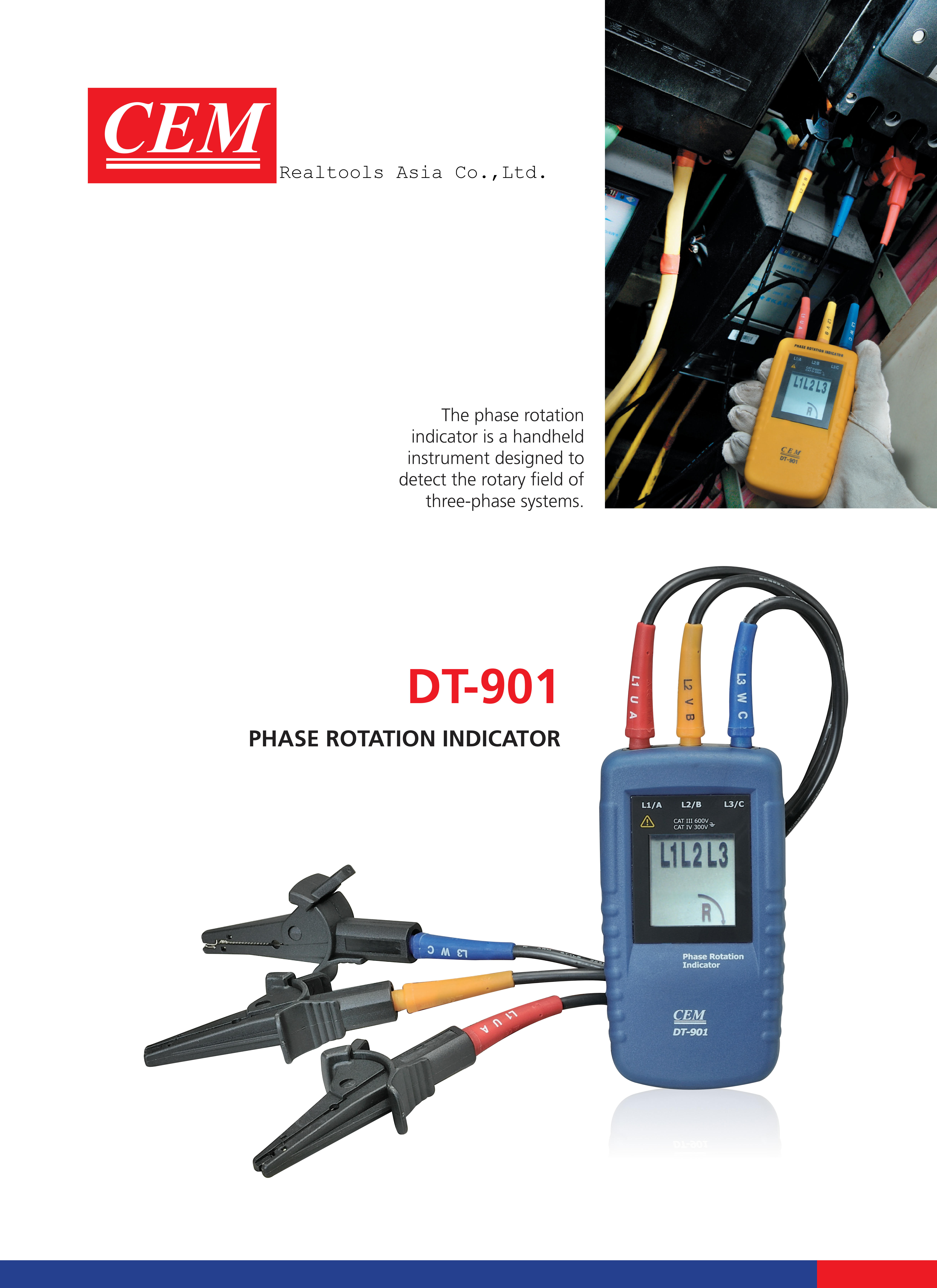 CEM รุ่นDT-901เครื่องตรวจวัดลำดับเฟส3Phase Rotation Indicator Tester Meter,40～690V AC CATIII 600V