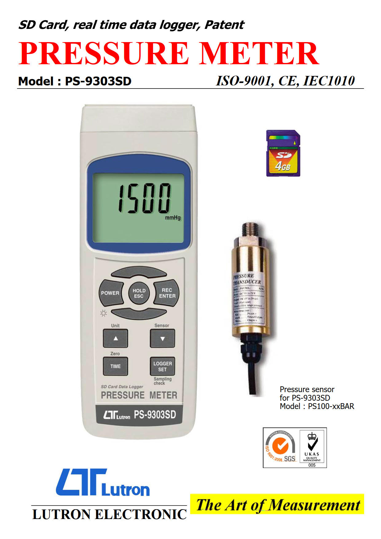 Lutron รุ่นPs-9303sdเครื่องวัดแรงดันHand Held Pressure Meter with SD Card Data Logger
