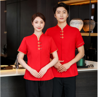 เสื้อฟอร์มพนักงานร้านอาหารกาแฟโรงแรม แขนสั้น แดง ดำ ม่วง L-4XL F6705013 เสื้อ+กันเปื้อน ** ขั้นต่ำ 2 ตัว
