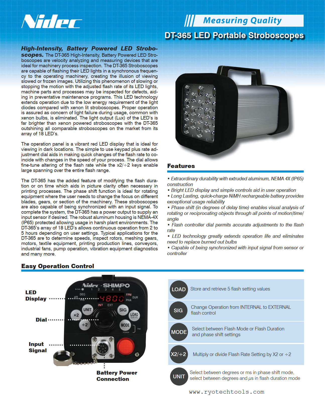 NidecSHIMPO รุ่นDT-365เครื่องวัดความเร็วรอบหลอดเอลอีดี,Stroboscope LED High Intensity Rechargeable Battery,Meas.range:60~120,000FPM(RPM),Accuracy:±0.02%