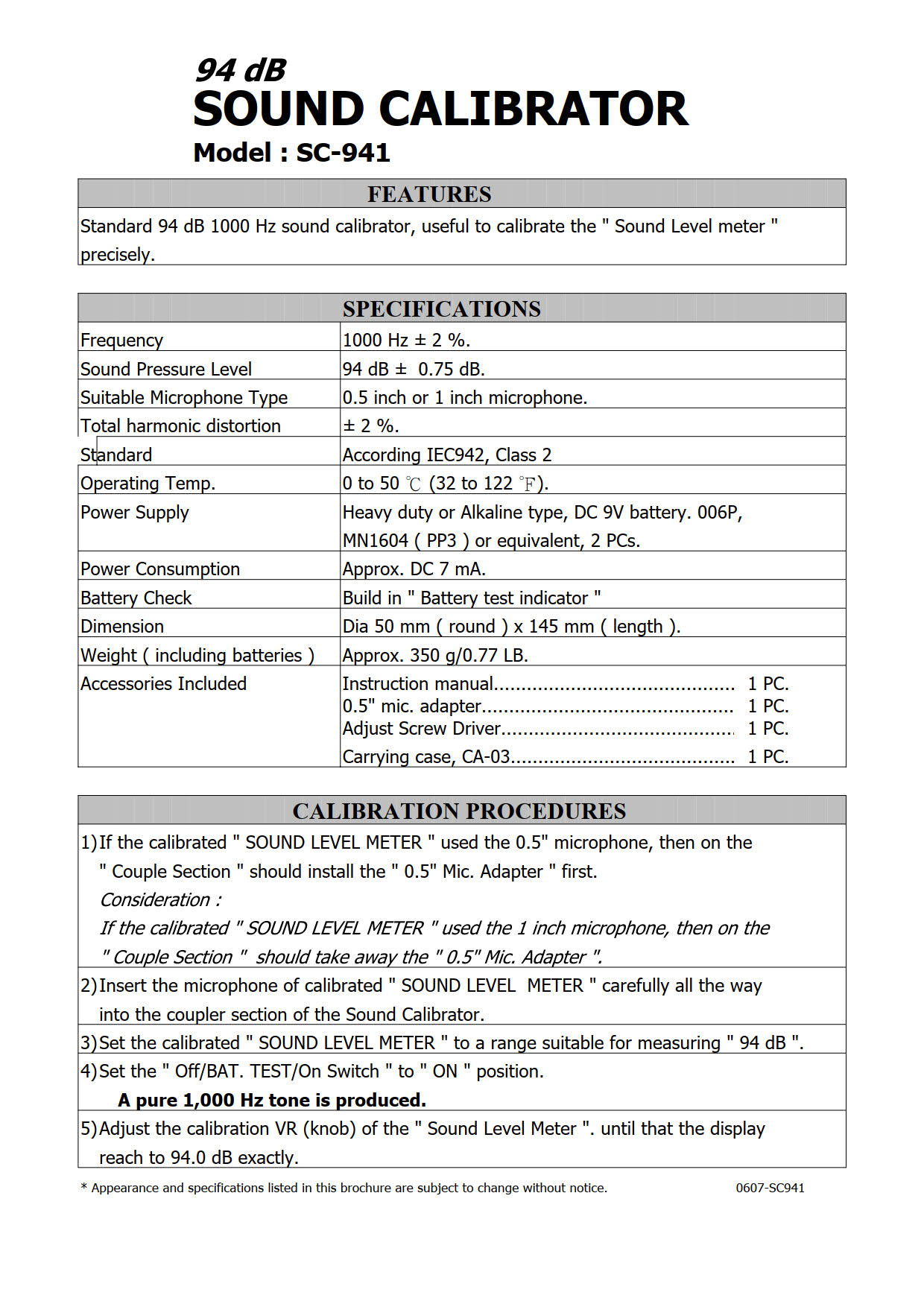 Lutron รุ่น SC-942 อุปกรณ์สอบเทียบสำหรับเครื่องวัดเสียงSound Calibrator(94dB and 114dB/1000Hz)LutronSC-942