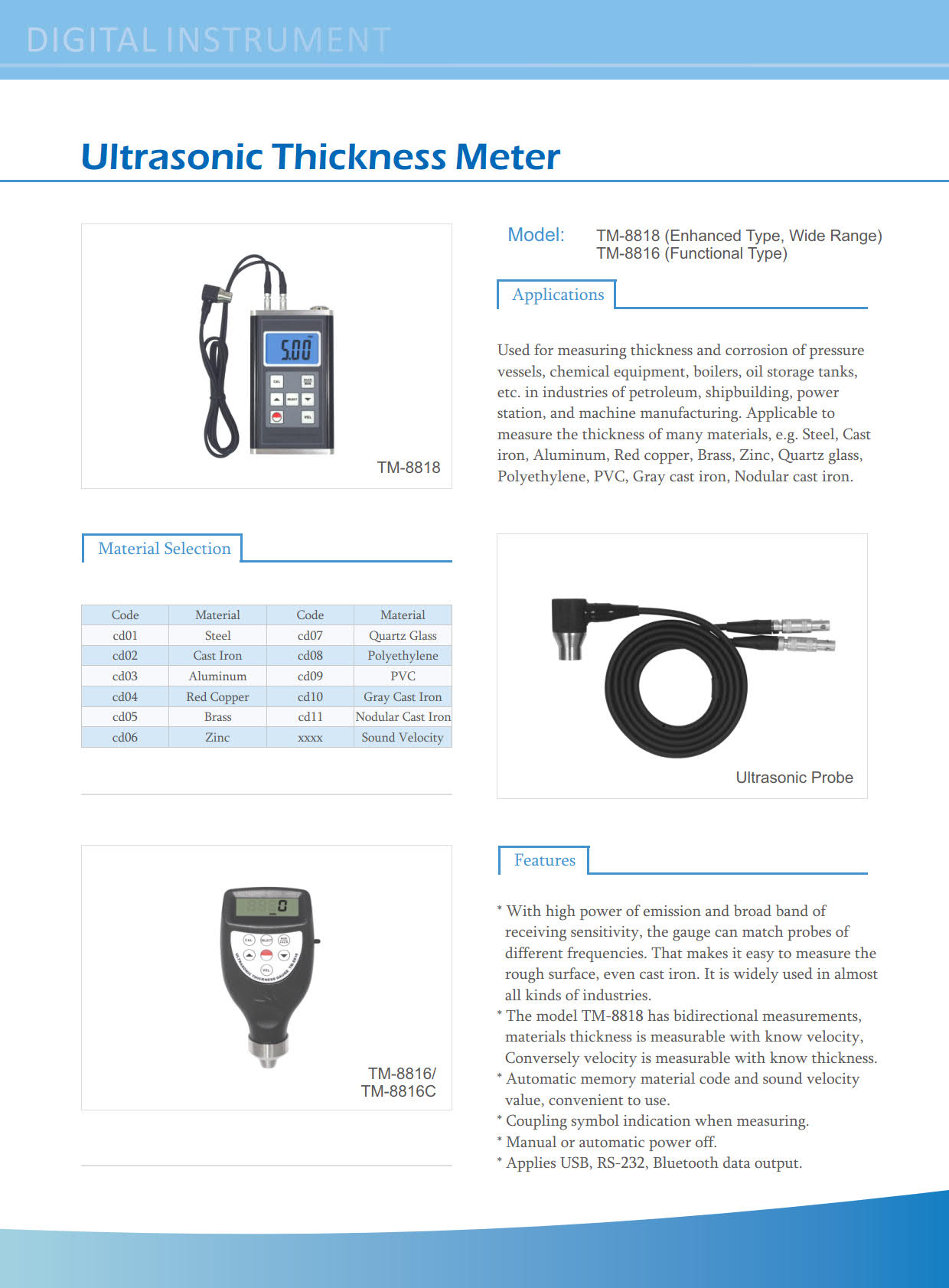 Landtek รุ่นTM-8816Cเครื่องวัดความหนาโลหะความละเอียด0.01มิลลิเมตร(0.01mm)Ultrasonic Thickness Gauge Meter Thickness Tester Thickness Gage1.0～200mm/0.04～8Inch