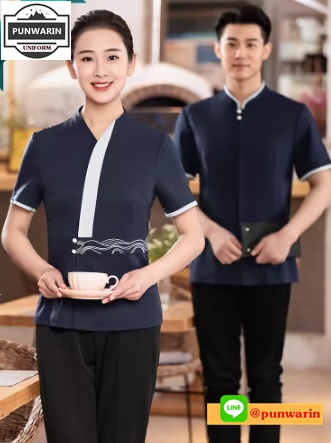 ชุดพนักงานร้านอาหารร้านกาแฟโรงแรมรีสอร์ต แขนสั้น แดง กรม ฟ้า เขียว L-5XL FC6701004 เสื้อ **ไม่มีขั้นต่ำ