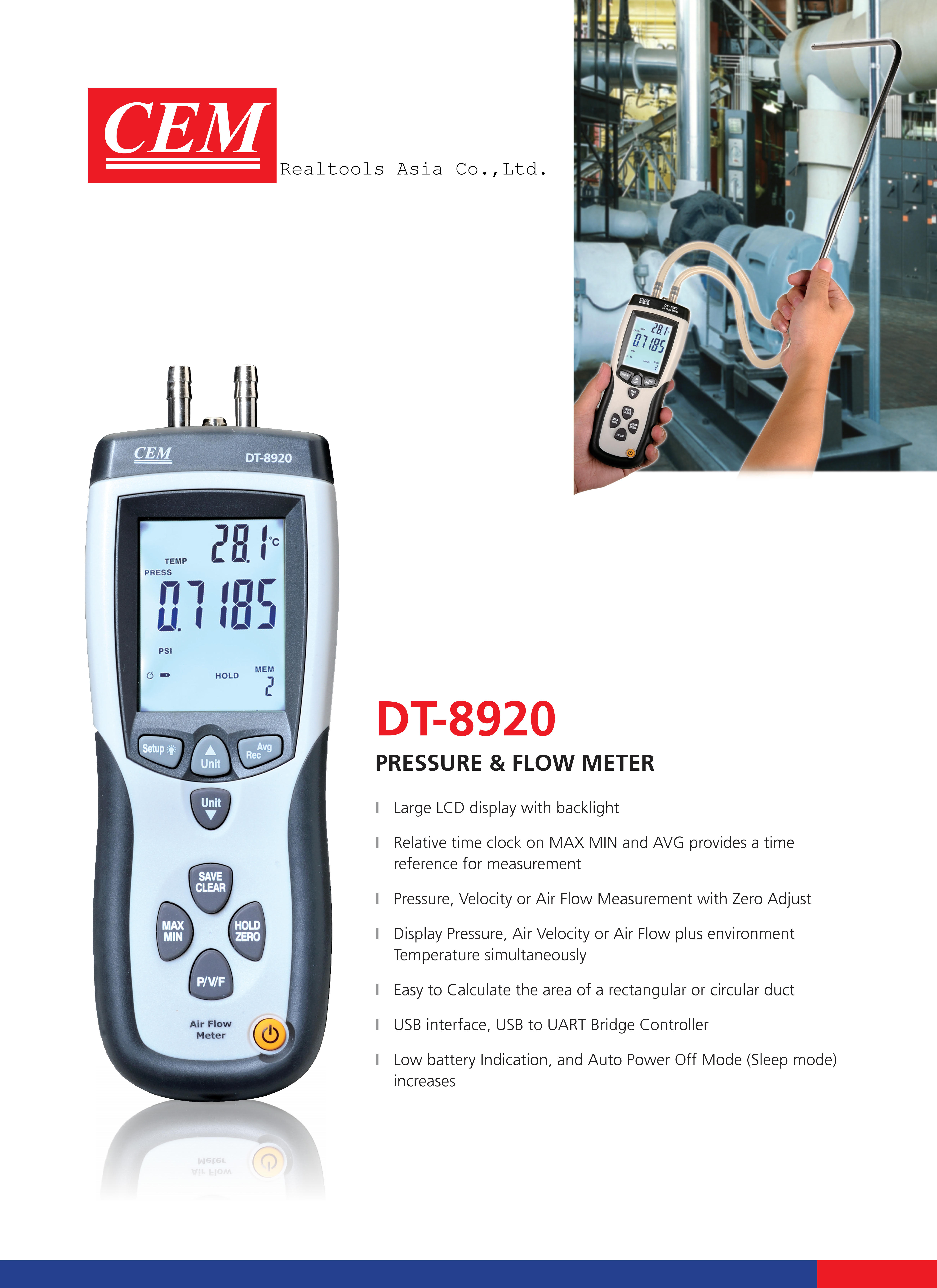 CEM รุ่น DT-8920เครื่องวัดความเร็วลมแบบดิจิตัล,Digital Thermo Anemometer,Meas.range:1~80m/s.