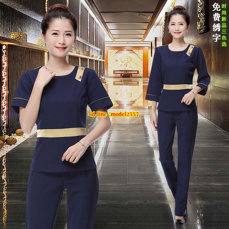 S6111004 ชุดพนักงานนวดสปา ชุดพนักงานเสริมสวย ชุดทำงาน ชุดสูท ชมพู ดำ กรมท่า S-3XL S6111004 ชุด