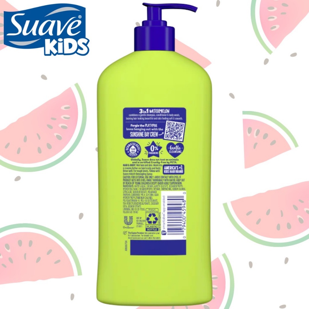 นำเข้า 🇺🇸 รุ่นใหม่ ✨🍉 Suave Kids 3-in-1 Watermelon Wonder 🍉แชมพู + ครีมนวด + ครีมอาบน้ำ ในขวดเดียว ขนาด 18 oz 350 บาท / ขวด ** ยังไม่รวมค่าส่งนะคะ **