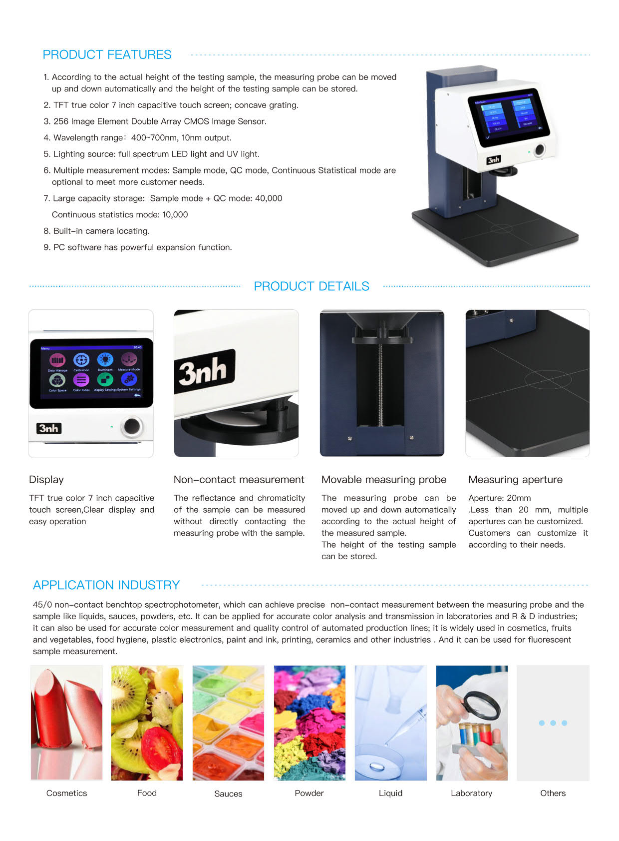 3nh รุ่นYL4560/(Auto/Manual)เครื่องสเปกโทรโฟโตมิเตอร์วัดชิ้นงานรุ่นไม่สัมผัสชิ้นงานNon-Contact Color Meter Testing for Wet Dry Samples/Aperture:20mm(Customizeable),Geometry:45/0