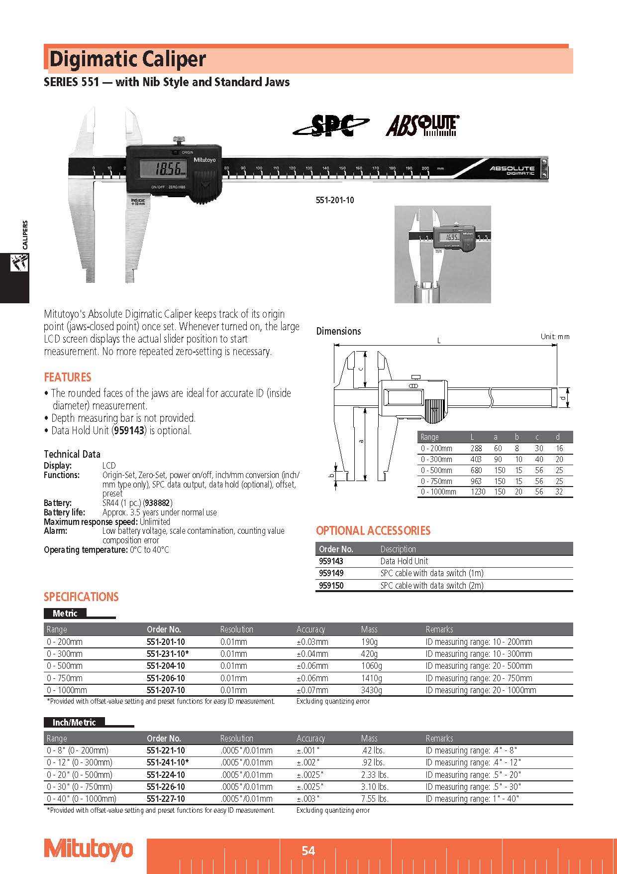 Digimatic Caliper SERIES 551 — with Nib Style and Standard Jaws
